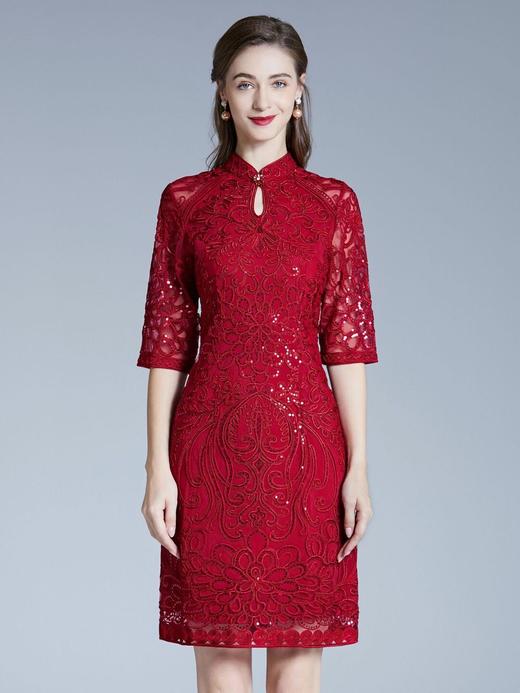 DNO-2IA8634-1网纱礼服婚宴红色小个婆婆大码连衣裙 商品图4