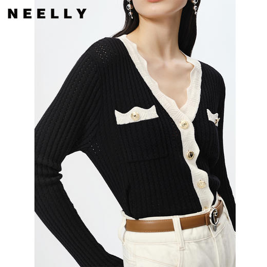 NEELLY纳俪商场同款气质V领针织衫女撞色黑边单排扣开衫上衣时尚N23022A01079 商品图3