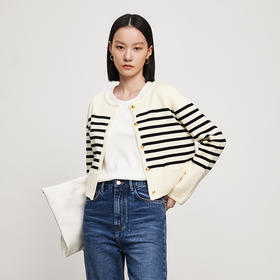 IN AND ON2023春季黑白条纹针织开衫女新款百搭圆领金属扣小香风外套