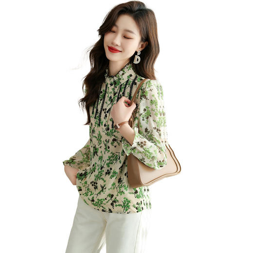YY-QSLG23011小碎花长袖小立领衬衫女2023年春季新款气质雪纺衫洋气上衣简约 商品图4