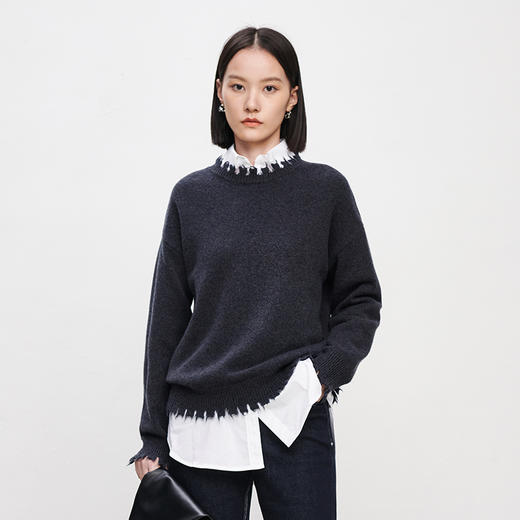 IN AND ON2023春款绵羊毛夹花流苏毛衣秋冬新款加厚保暖宽松叠穿针织衫 商品图0