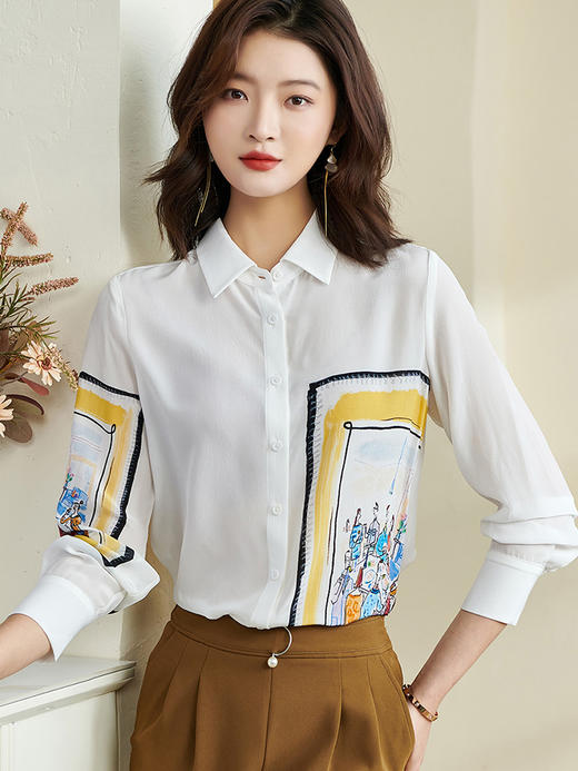 剩XXL 米思阳2025春季新款气质柔软真丝衬衫桑蚕丝时尚印花女士衬衣0386 商品图1