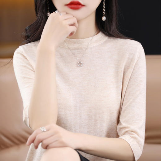 QHJY-202311春款半袖精纺羊毛衫宽松打底衫五分袖针织衫中袖薄款毛衣 商品图0
