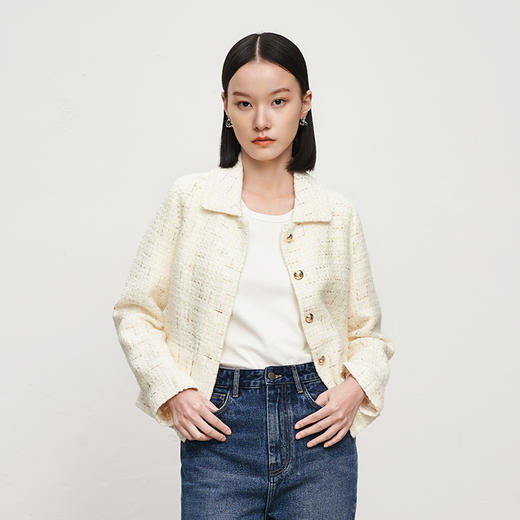 INANDON2023春款小香风短款羊毛粗花呢外套女百搭宽松春秋小个子上衣西装 商品图11