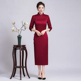 LHS-06184长款醋酸缎高贵连衣裙 2024新款春秋装阔太太宴会旗袍