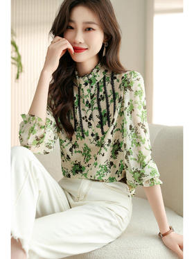 YY-QSLG23011小碎花长袖小立领衬衫女2023年春季新款气质雪纺衫洋气上衣简约