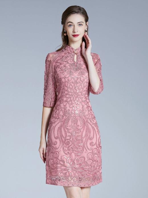 DNO-2IA8634-1网纱礼服婚宴红色小个婆婆大码连衣裙 商品图1