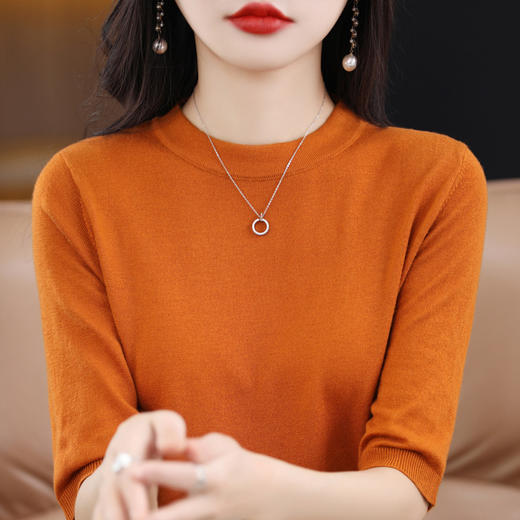 QHJY-202311春款半袖精纺羊毛衫宽松打底衫五分袖针织衫中袖薄款毛衣 商品图3