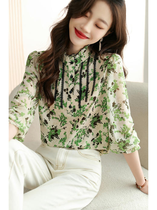 YY-QSLG23011小碎花长袖小立领衬衫女2023年春季新款气质雪纺衫洋气上衣简约 商品图3