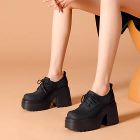 舒适平头，厚底增高绑带真皮单鞋WWX-T10086