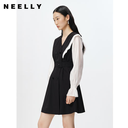 NEELLY纳俪商场同款气质木耳边连衣裙女双排扣收腰A字裙中长款N23022Y01097 商品图2
