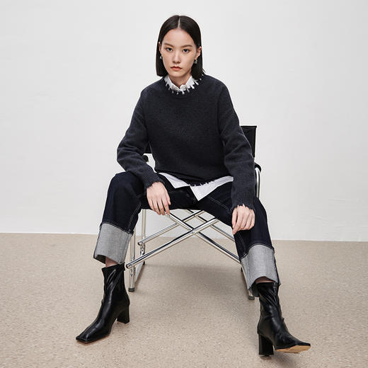 IN AND ON2023春款绵羊毛夹花流苏毛衣秋冬新款加厚保暖宽松叠穿针织衫 商品图1