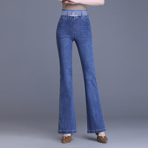 简约修身，春款长款时尚喇叭裤松紧腰气质休闲牛仔微喇裤MYX-8189 商品图0