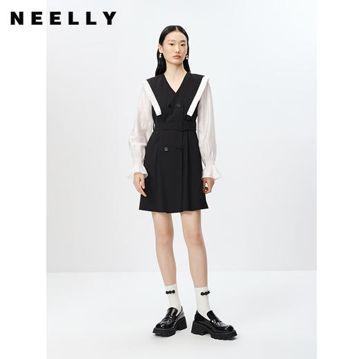 NEELLY纳俪商场同款气质木耳边连衣裙女双排扣收腰A字裙中长款N23022Y01097 商品图1
