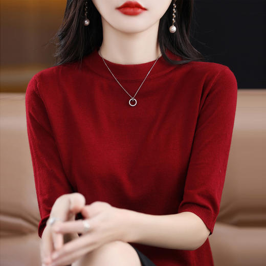 QHJY-202311春款半袖精纺羊毛衫宽松打底衫五分袖针织衫中袖薄款毛衣 商品图5