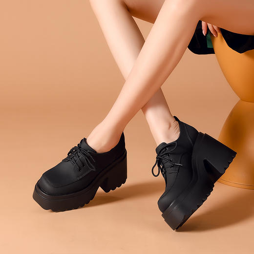 舒适平头，厚底增高绑带真皮单鞋WWX-T10086 商品图1