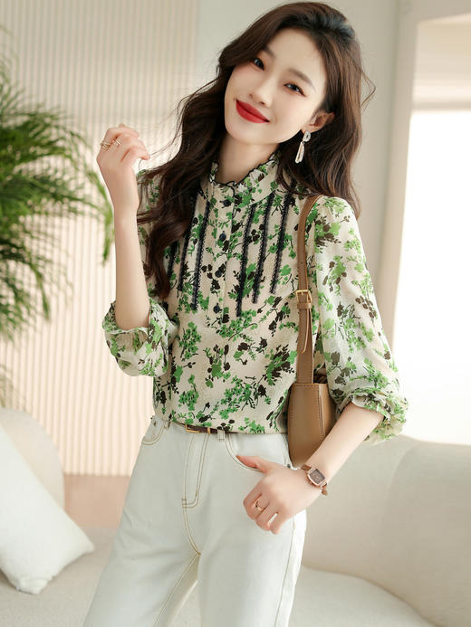 YY-QSLG23011小碎花长袖小立领衬衫女2023年春季新款气质雪纺衫洋气上衣简约 商品图1