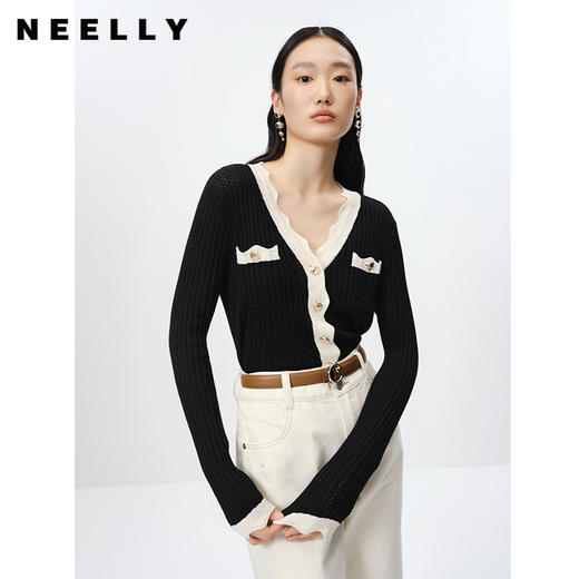 NEELLY纳俪商场同款气质V领针织衫女撞色黑边单排扣开衫上衣时尚N23022A01079 商品图2