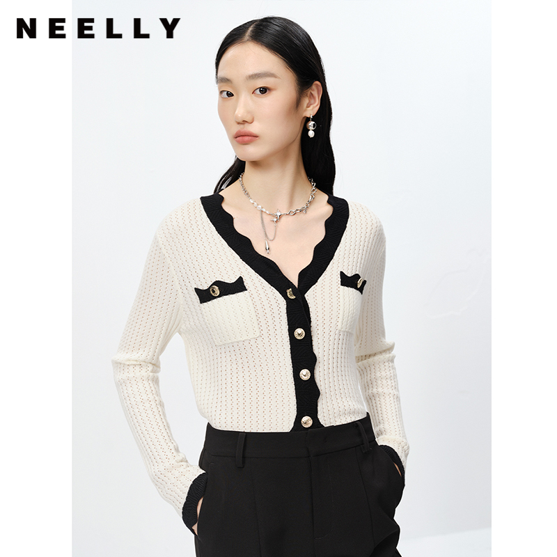 NEELLY纳俪商场同款气质V领针织衫女撞色黑边单排扣开衫上衣时尚N23022A01079