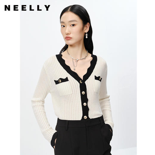 NEELLY纳俪商场同款气质V领针织衫女撞色黑边单排扣开衫上衣时尚N23022A01079 商品图0