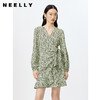 NEELLY纳俪商场同款春季V领泡泡袖连衣裙女收腰系带a字裙中长款N23022Y01098 商品缩略图0