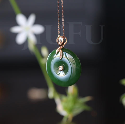 18K玫瑰金和田玉（碧玉）镶钻吊坠--竹报平安/平安扣22*5.5mm/菠菜绿 商品图1