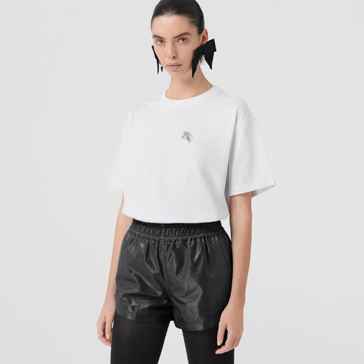 BURBERRY 巴宝莉 女士人造水晶马术骑士装饰棉质宽松圆领短袖T恤 白色 8065027 A1464 商品图1