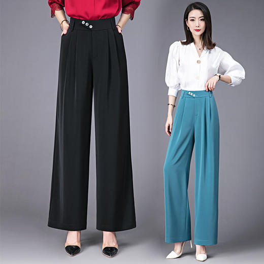 SDN-E689091真丝阔腿裤女2023春夏季桑蚕丝长裤高腰垂感甩腿裤百搭直筒休闲裤 商品图3