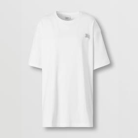 BURBERRY 巴宝莉 女士人造水晶马术骑士装饰棉质宽松圆领短袖T恤 白色 8065027 A1464