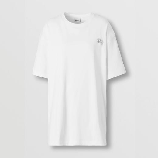 BURBERRY 巴宝莉 女士人造水晶马术骑士装饰棉质宽松圆领短袖T恤 白色 8065027 A1464 商品图0