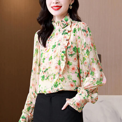 杏色新款复古卷布玫瑰气质碎花木耳边立领AHM-jxfs8265 商品图3