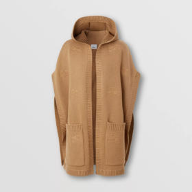 BURBERRY 巴宝莉 女士马术骑士绣标羊毛混纺格纹连帽斗篷 驼色 8065045 A1420