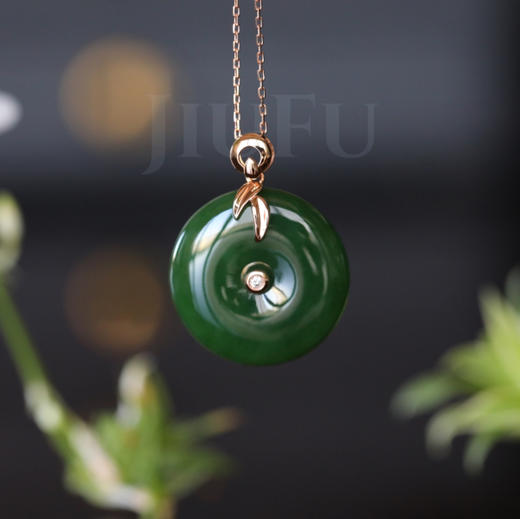 18K玫瑰金和田玉（碧玉）镶钻吊坠--竹报平安/平安扣22*5.5mm/菠菜绿 商品图0