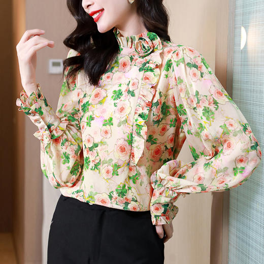 杏色新款复古卷布玫瑰气质碎花木耳边立领AHM-jxfs8265 商品图0