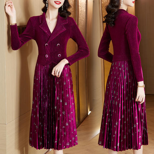 三宅褶皱丝绒，百褶复古长袖气质连衣裙HR-SSFB2682 商品图3