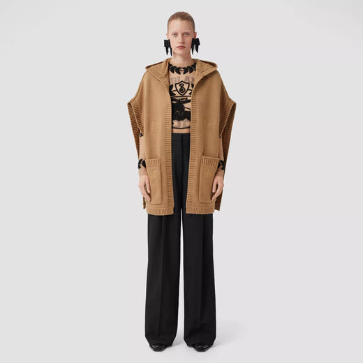 BURBERRY 巴宝莉 女士马术骑士绣标羊毛混纺格纹连帽斗篷 驼色 8065045 A1420 商品图3