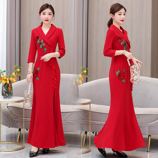 【XY】QE92222023春季新款中国风复古修身斜襟走秀表演长款旗袍刺绣花荷叶边裙 商品图3