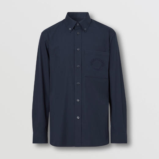 BURBERRY 巴宝莉 男士橡木叶徽章刺绣弹力棉质长袖衬衫 深蓝色 8064876 B2871 商品图0