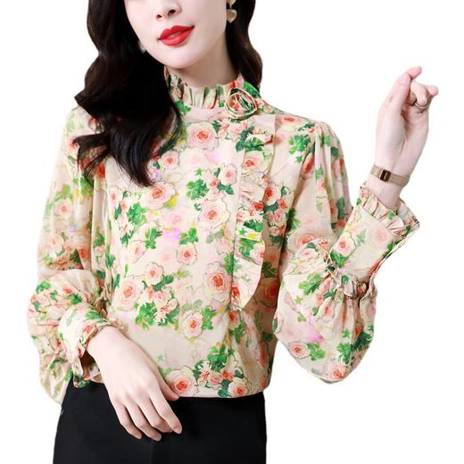 杏色新款复古卷布玫瑰气质碎花木耳边立领AHM-jxfs8265 商品图4