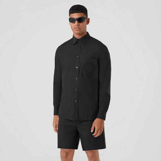 BURBERRY 巴宝莉 男士橡木叶徽章刺绣弹力棉质长袖衬衫 黑色 8064873 A1189 商品图1