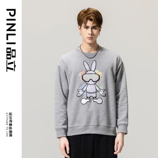 PINLI品立春季新款男士套头卫衣兔子压烫圆领上衣BG231109026 商品图5