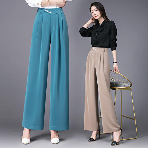 SDN-E689091真丝阔腿裤女2023春夏季桑蚕丝长裤高腰垂感甩腿裤百搭直筒休闲裤 商品图4