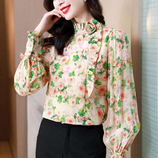 杏色新款复古卷布玫瑰气质碎花木耳边立领AHM-jxfs8265 商品图2