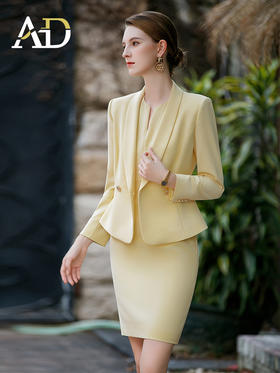 AD黄色通勤外套连衣裙两件套春装女2023新款套装时尚主持人正装