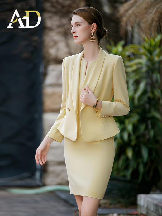 AD黄色通勤外套连衣裙两件套春装女2023新款套装时尚主持人正装 商品图0