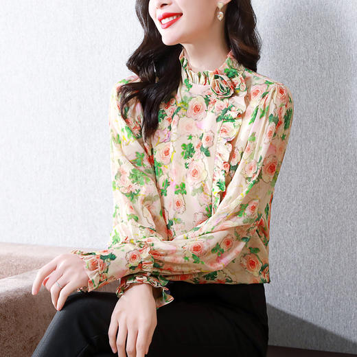 杏色新款复古卷布玫瑰气质碎花木耳边立领AHM-jxfs8265 商品图1