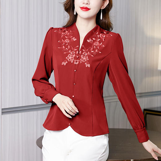 设计感绣花中式刺绣v领时尚显瘦衬衣职业气质KQL-A83N6812 商品图3