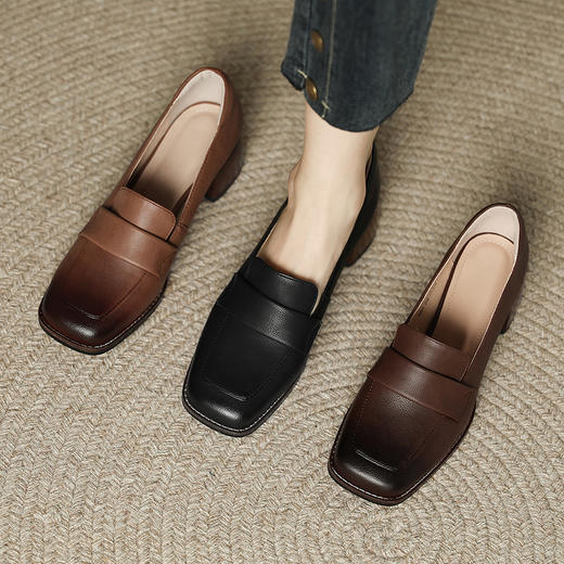 复古百搭，平头真皮粗跟单鞋BY-H201 商品图5