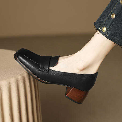 复古百搭，平头真皮粗跟单鞋BY-H201 商品图4