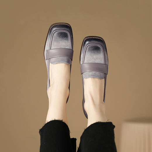 爆款百搭，平头粗跟真皮擦色单鞋BY-H209-1 商品图9